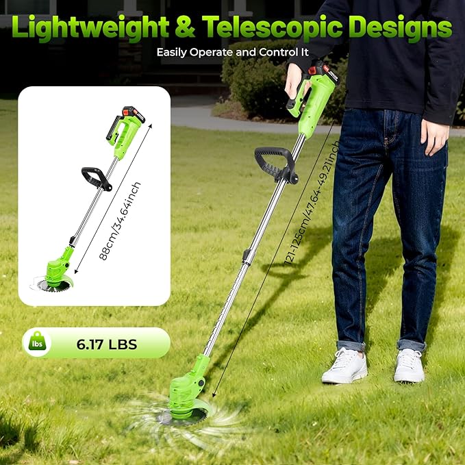 Cordless Grass Trimmer Electric Weed Wacker Cordless with U-Shaped Handle and Auxiliary Wheels (2 x 24V 1.3Ah Batteries & Charger) Adjustable Telescopic Rod for Garden Maintenance