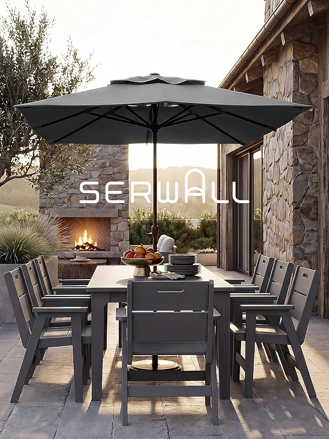 SERWALL 9-Piece HDPE Outdoor Patio Dining Set, All-Weather Rectangular Table with Umbrella Hole & 8 Arm Chairs, Weather Resistant Heavy Duty Outdoor Furniture for Backyard, Deck, Garden, Gray