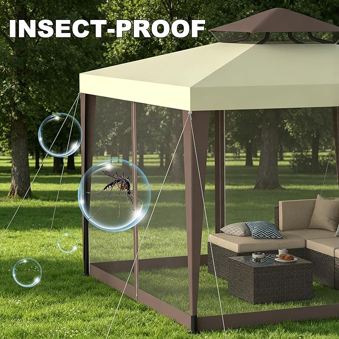 Outdoor Gazebo for Patio, 10×10 Canopy Tent with Mosquito Nettings & Double Roofs, Easy Setup Canopy Shelter for Party, Patio Gazebo for Lawn, Backyard, Garden (Beige, 10'x10')