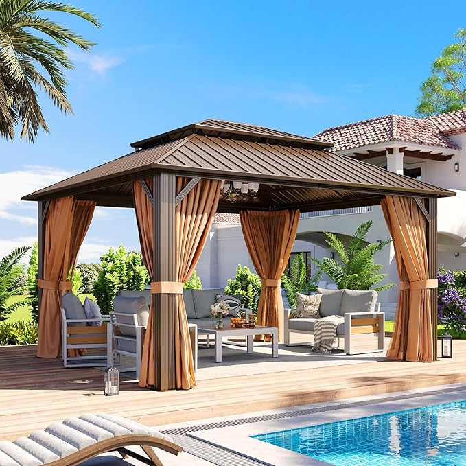 Aoxun 14’x12’ Outdoor Gazebo, Heavy Duty Canopy Pavilion with Ventilated Double Roof, Patio Pergola with Netting and Curtains for Backyard, Garden, Deck (Brown)