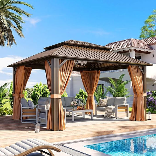 Aoxun 14’x12’ Outdoor Gazebo, Heavy Duty Canopy Pavilion with Ventilated Double Roof, Patio Pergola with Netting and Curtains for Backyard, Garden, Deck (Brown)