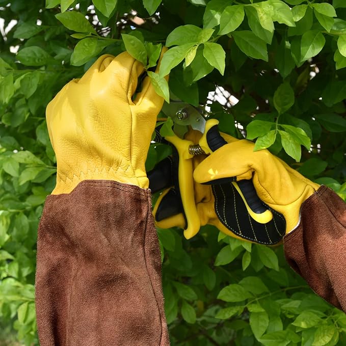 WOHEER Long Gardening Gloves for Women Thorn Proof,Rose Pruning Cowhide Leather Garden Glove for Cactus, Rose and Blackberry
