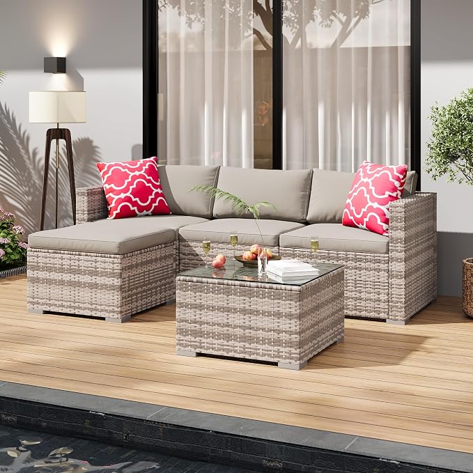 GAOMON 5-Piece All-Weather Patio Furniture Set, Convertible Outdoor Sectional Sofa with Ottoman & Tempered Glass Table, PE Rattan Conversation Set for Garden, Backyard, Porch, Poolside