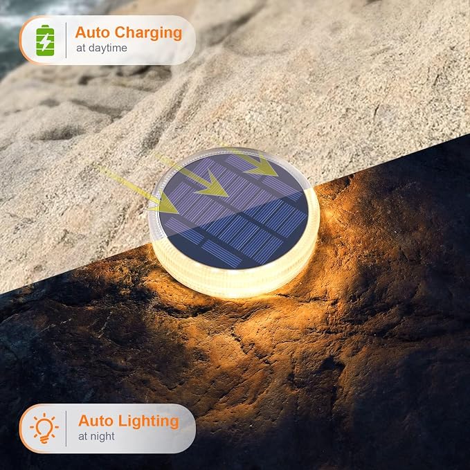 Solar Dock Lights Outdoor Waterproof Stick on Boat Deck Step Stair Driveway Lights Solar Powered for Outside Concrete Flat Disks Patio Ground RV Landscape Walkway Pathway Sidewalk Auto ON/Off (4 Pack)