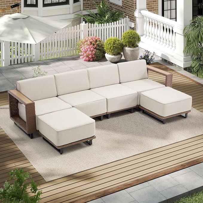Bonzy Home 3 Piece Patio Furniture Set, 4 Seater Couch with 2 Ottoman and Extra-Thick Soft Cushions, Outdoor Patio Furniture for Porch, Garden Poolside Balcony