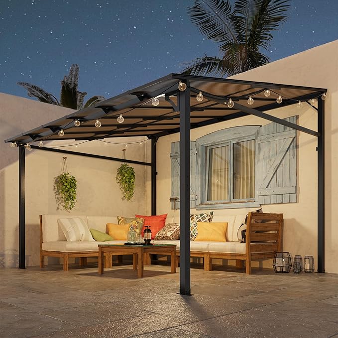 10x12 Ft Outdoor Lean to Gazebo, Wall Mounted Patio Hardtop Gazebo Pergola with Polycarbonate Roof, Upgraded Steel Frame Hardtop Pavilion for Patio, Garden, Lawn, Deck