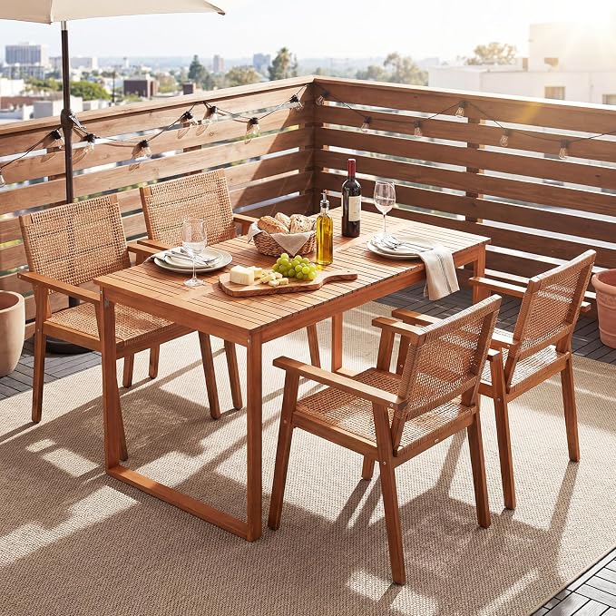 Tangkula 5 Pieces Acacia Wood Outdoor Dining Set, Outdoor Wood Table and Rattan Chairs for 4, Patio Dining Sets for Balcony Poolside Garden Backyard