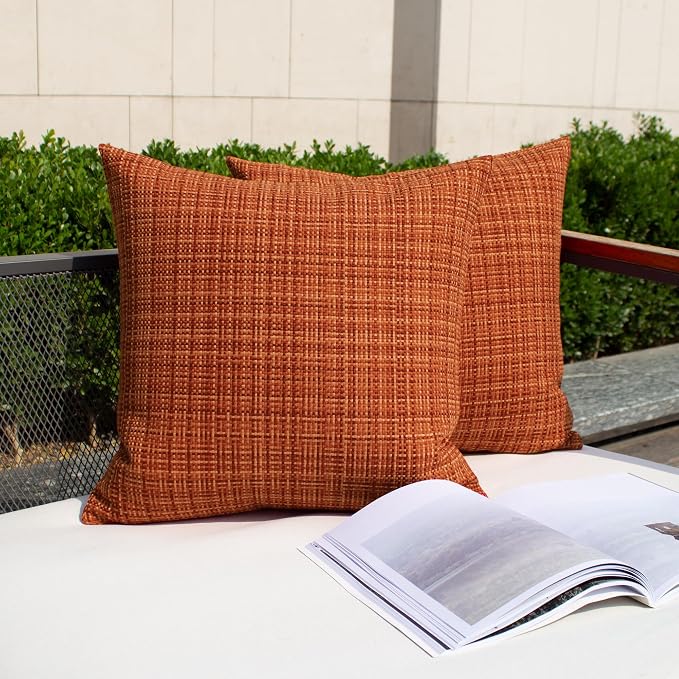 Kevin Textile Outdoor Waterproof 24"x24" Pillow Covers 2 Pack, Burnt Orange | Fall Water Resistant, Faux Linen Yarn-dyed, Woven Texture Euro Throw Pillow Covers for Tent Patio Garden Couch Sofa