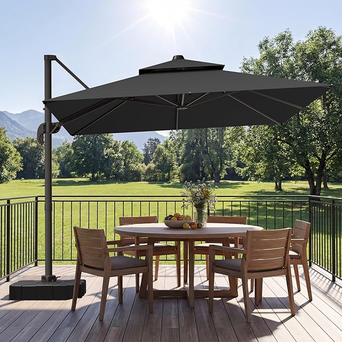 GENTEACO 10X10 FT Cantilever Umbrella, Large Offset Patio Umbrella with Double Top, 6 Angle Tilts & 360° Rotation, Large Square Sun Umbrellas for Outdoor Patio Pool Deck Market, Black