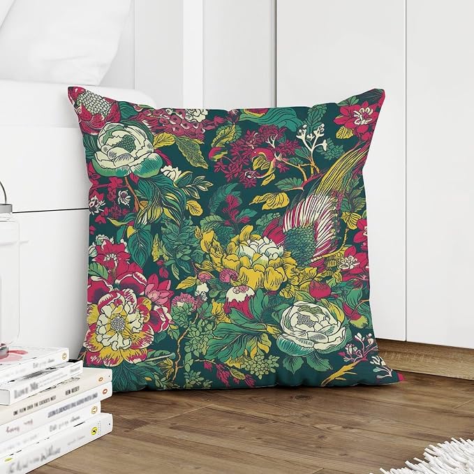 Cushion Cases Chinoiserie Red Peony Floral Throw Pillow Covers Abstract Green and Pink Pillow Cover Accent Square Couch Sofa Cushion Covers for Patio Couch Tent Sofa 18x18 in