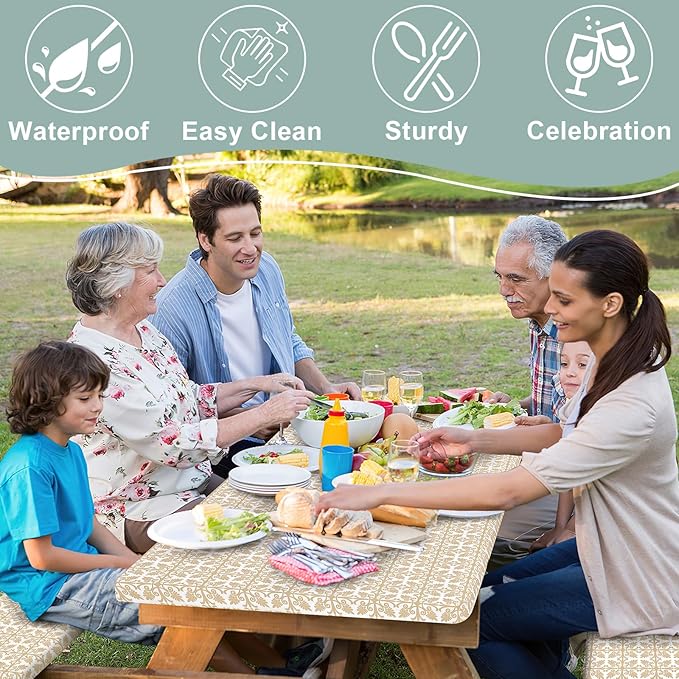 misaya Picnic Table Cover with Bench Cover, Waterproof Elastic Fitted Tablecloth for 6 Foot Tables, Rectangle Washable Polyester Tablecloths for Picnic, Camping, Outdoor (Khaki, 30" x 72")
