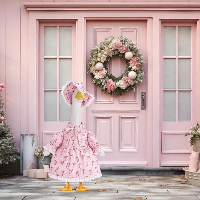 Guiquilai 2Pcs Pink Bow Porch Goose Outfit Dress Hat for 23 Inch Lawn Goose | UV Fade Resistant Polyester, Fit For 23 Inch Goose, Slip On Tool Free Wear, Pink Bow Dress Hat Set, for Easter Lawn Decor