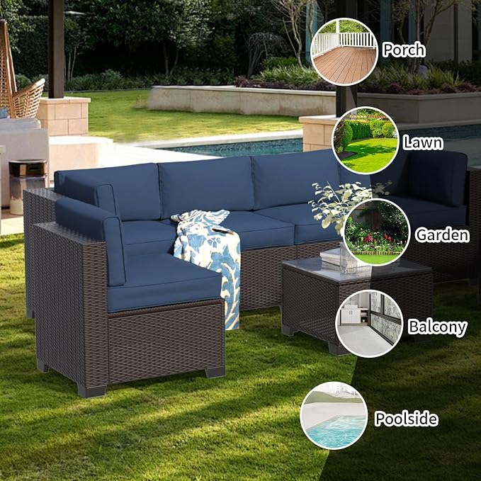 7 Piece Patio Furniture Set, Rattan Outdoor Patio Conversation Sets, Outdoor Sectional Furniture with Thickened Cushions and Coffee Table, for Deck, Backyard, Garden, Dark Brown & Navy Blue