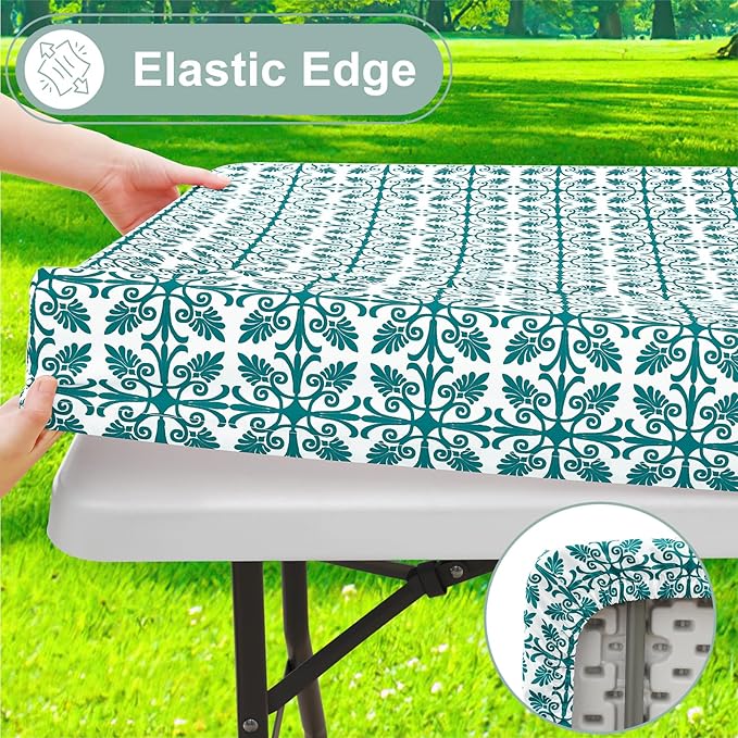 misaya Picnic Table Cover with Bench Cover, Waterproof Elastic Fitted Tablecloth for 8 Foot Tables, Rectangle Washable Polyester Tablecloths for Picnic, Camping, Outdoor (Turquoise, 30" x 96")