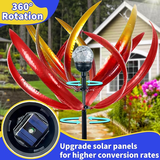 70 in Large Wind Spinners Outdoor, Solar Wind Sculpture, Red | Metal Windmill with Solar Multi-Color Light, All Weather Decor , Ideal Yard Art for Garden, Backyard, Lawn & Outdoor Decor
