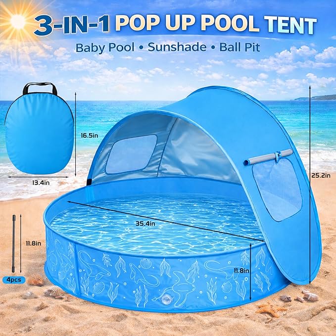 Baby Pool with Canopy, Foldable Kiddie Pool with Shade, Pop Up Water Play Pool with Carrying Bag for Toddlers, Portable for Backyard and Beach, 35.4 Inch