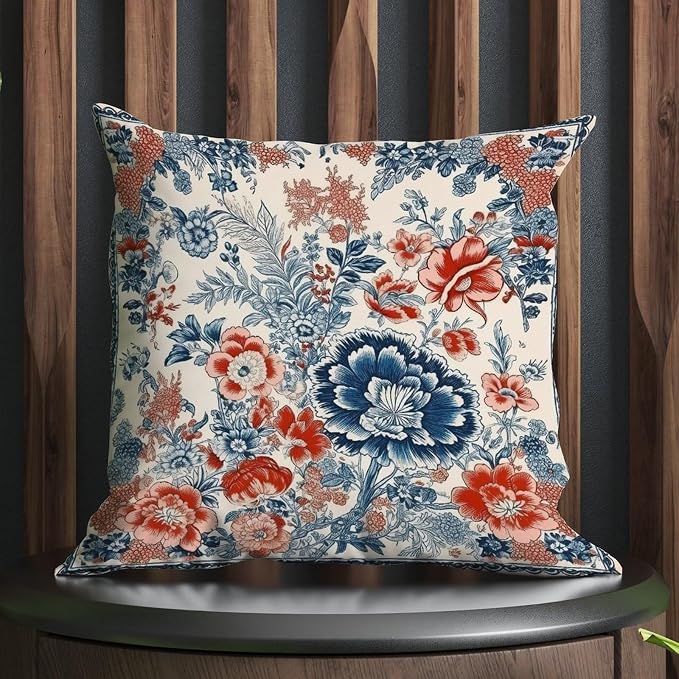 Chinoiserie Tree Peony Bird Pillowcase Floral Coral Turquoise Navy Throw Pillow Cover Retro Modern Decorative Pillow Covers for Sofa Patio Couch 24x24 in