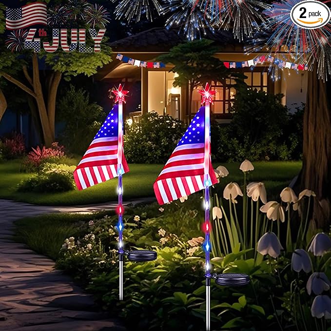 4th of July Decorations Outdoor Solar Lights, 2 Pack Red White and Blue American Flag Star Lights for National Day, 2 Modes Waterproof Solar Patriotic Light for Independence Memorial Day Yard Path