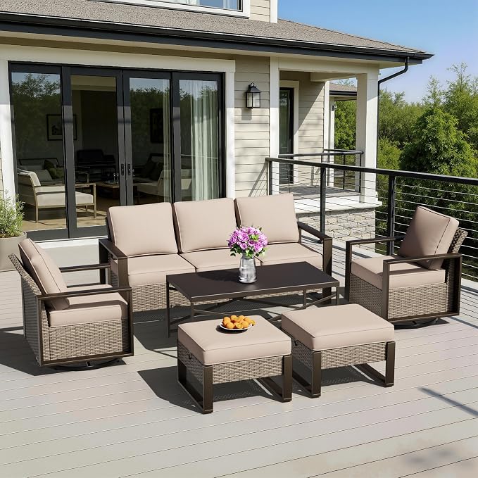 6 Pieces Metal Wicker Patio Furniture Set - 75" Sofa, Two Swivel Chairs and Two Ottomans, One Coffee Table All Weather Rattan Outdoor Conversation Furniture with Washable Cushion for Deck, Beige