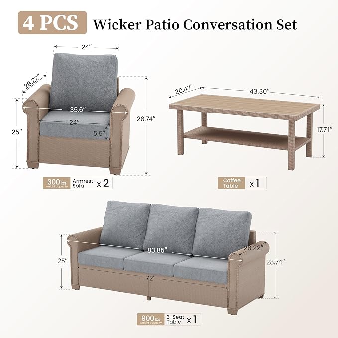 Patio Furniture Set 4 pcs, Wicker Rattan Outdoor Furniture with 5.5” Thick Cushions, 3-Seat Sofa, 2 Chairs and Coffee Table, Outdoor Conversation Set for Garden Backyard Deck, 5 Seats Grey