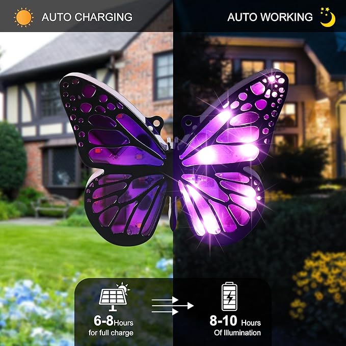 ground lights, equipped with 4 solar lights for outdoor waterproofing, butterfly solar landscape lighting, suitable for gardens, courtyards, terraces, corridors, lanes, and walkways (purple)