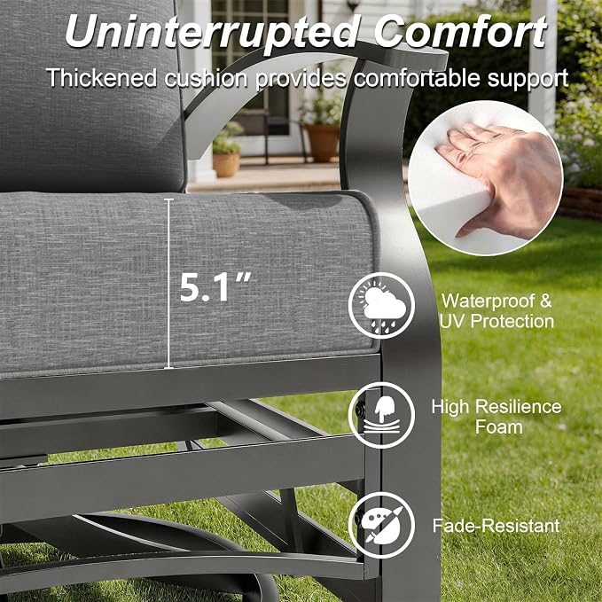 Gotland Aluminum Patio Furniture Set with Fire Pit Table, Metal Patio Furniture with 2 Swivel Rocking Chairs Waterproof 5.1'' Seat Cushions, Oversized Outdoor Sectional for Garden Balcony Porch Gray