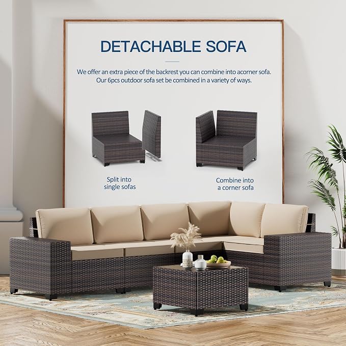 Kullavik 10PCS Outdoor Patio Furniture Set,PE Wicker Rattan Sectional Sofa Patio Conversation Sets with 43" 55000BTU Gas Propane Fire Pit Table,Swivel Rocking Chairs Set,Sand
