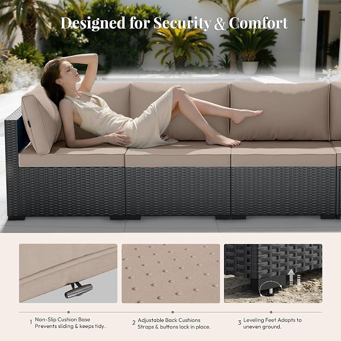 WWR Patio Furniture Set 7 Piece - All-Weather - Wicker Rattan Patio Outdoor Conversation Set, Modular Sectional Sofa for Backyard, Garden, Poolside, Balcony, Porch, Patio, Black/Khaki