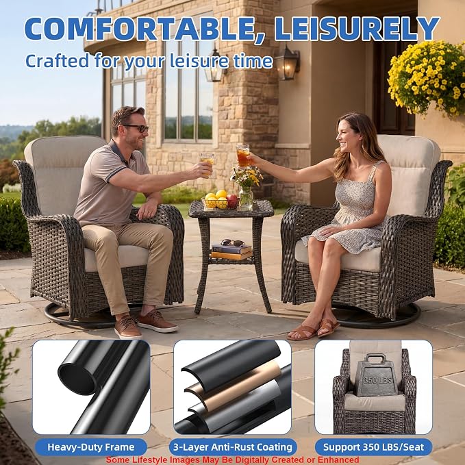 3-Piece Outdoor Swivel Chairs with Side Table, Glider Rocking Chair with 6" Thick Cushions, Weather-Resistant Wicker Patio Furniture Set, for Yard, Poolside, Patio, Porch, Deck