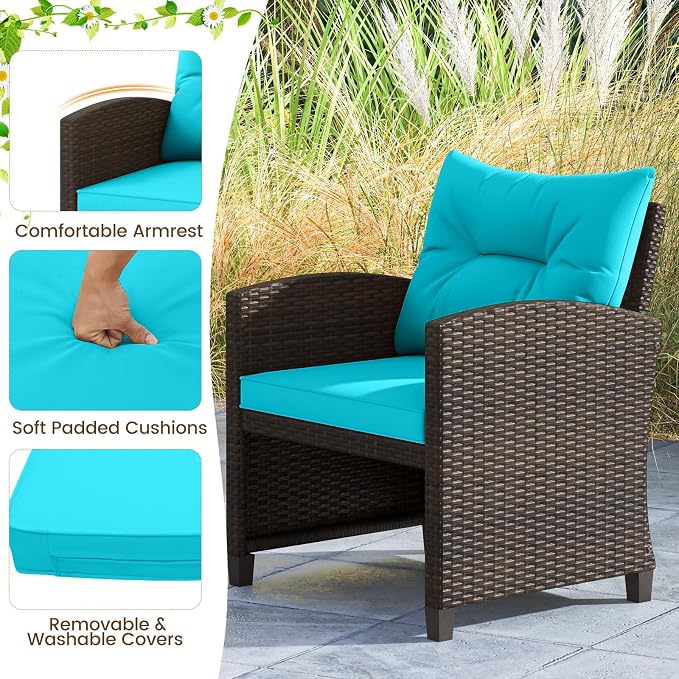 ORALNER 5 Pieces Patio Furniture Set with Ottoman, Wicker Conversation Set w/Cushions, Glass Coffee Table, Outdoor Rattan Lounger Chairs Bistro Set for Porch Balcony Garden Deck Poolside (Turquoise)