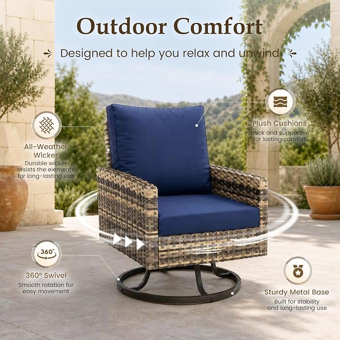 UDPATIO Patio Furniture Set with Fire Pit Table, 7 Pieces Outdoor Conversation Sets with Swivel Chairs and Ottomans, All-Weather Rattan Wicker Patio Sofa Couch for Backyard, Deck, Porch, Navy/Yellow