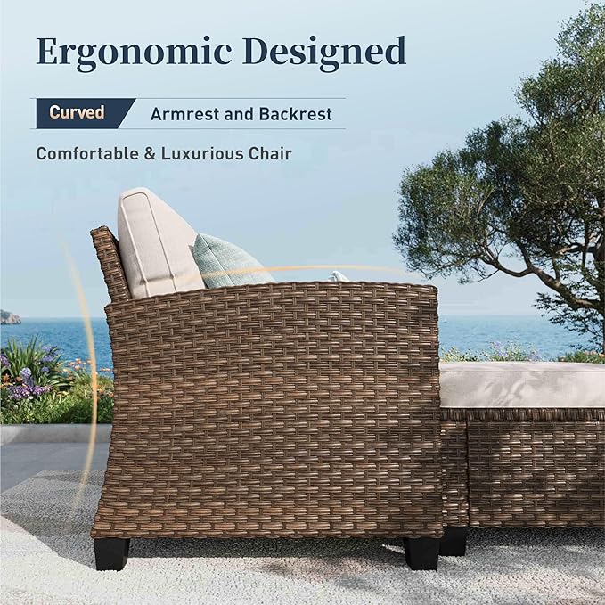 SUNSHINE VALLEY Swivel Glider Patio Furniture Set Outdoor Furniture Brown Wicker Rattan Patio Conversation Sets with Cushion Outside Sofa Set,8 Pieces with Rectangular Firepit Table,12 Seats,Beige