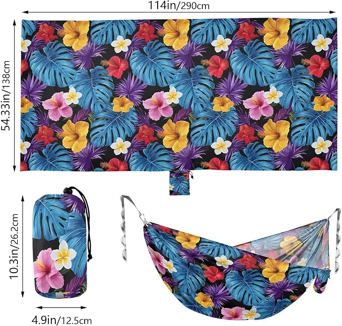 Camping Hammock Outdoor Hammocks for Outside Blue Leaf Hibiscus Flower Beach Trees Portable Lightweight with Pockets Tree Straps Indoor