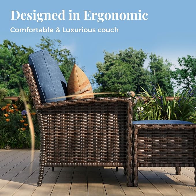 MIXPATIO 5-Piece Wicker Patio Furniture Set with Swivel Chairs, High Back Outdoor Furniture with 5.5-inch Thick Cushion and Ottoman, All-Weather Wicker Patio Conversation Set for Deck Lawn, Navy Blue