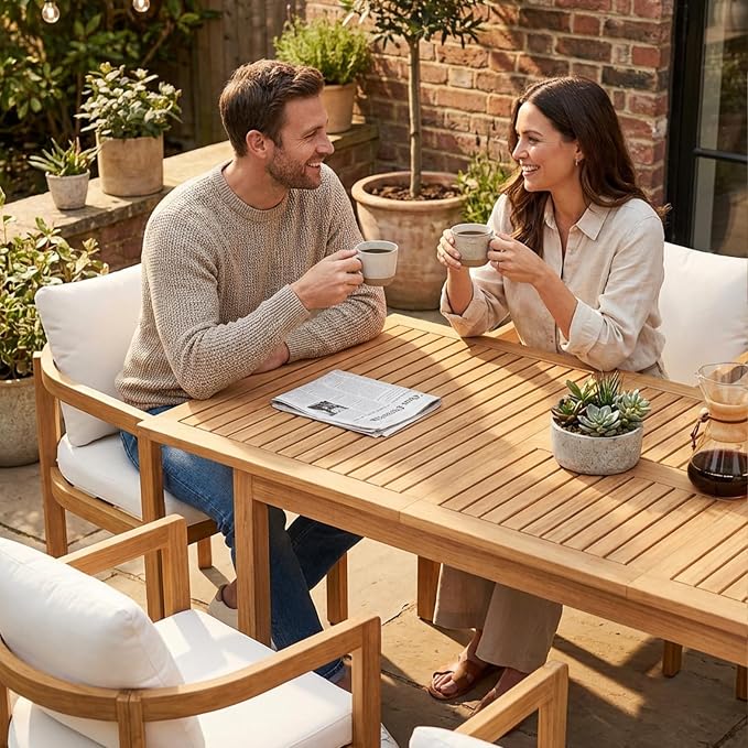 SUNSITT 9-Piece Outdoor Patio Dining Set, 59" - 79" Acacia Wood Expandable Outdoor Table Set and 8 Curved Patio Arm Chairs w/Removable Cushions for Backyard, Porch, Deck
