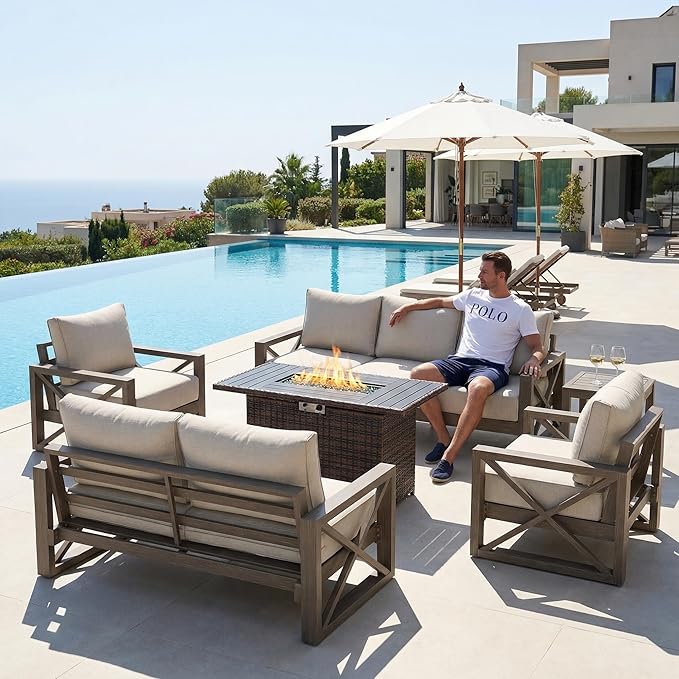 UDPATIO Aluminum Patio Furniture Set, Faux Wood Grain Modern Outdoor Furniture, 6" Cushions Metal Patio Conversation Sofa with Coffee Table for Poolside Deck, 5 PCS, Dark Grey(Include 600D Covers)