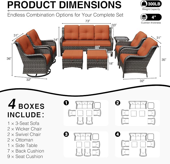 Joyside 8 Piece Wicker Patio Furniture Set, Outdoor Swivel Rocker Patio Chairs with High Back, Deep Seating, Wide Armrest, Thickened Cushions, Outdoor Furniture for Deck, Porch Use