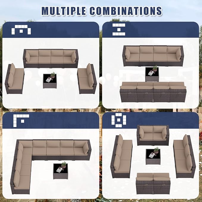 Kurapika 9 Pieces Patio Furniture Set, Rattan Wicker Outdoor Conversation Sets w/4 Inch Cushion and Glass Coffee Table(Sand)