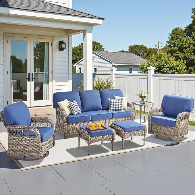 6 PCS Patio Furniture Set Outdoor Sectional Sofa Couch with Rocking Swivel Chairs 5" Deep Seat Chairs, Modern Wicker Rattan Conversation Set, Blue/Gray Wicker