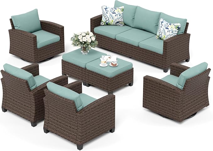 SUNSHINE VALLEY Swivel Glider Patio Furniture Set Outdoor Furniture Brown Wicker Rattan Patio Conversation Sets with Cushion Outside Sofa Set,7 Pieces 9 Seats,Blue
