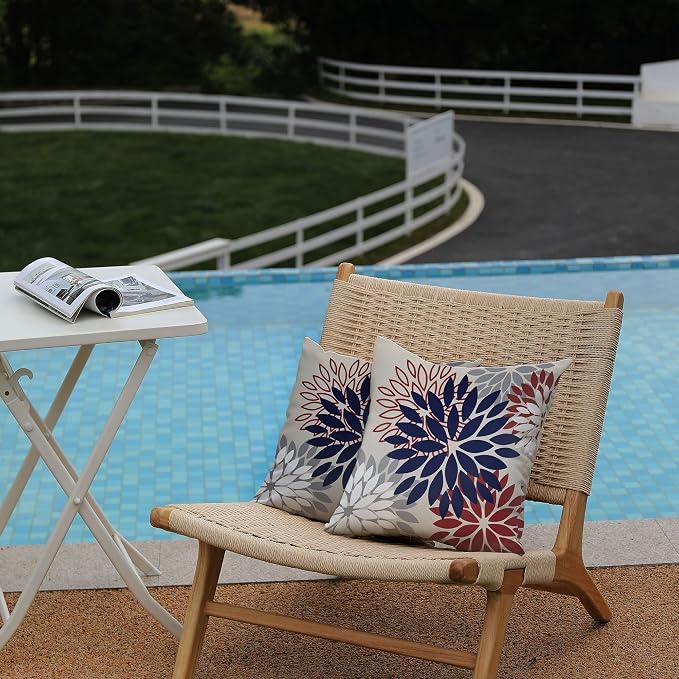 DFXSZ Outdoor Waterproof Pillow Covers 20x20 Set of 2 Blue Red Flower | Spring Summer Waterproof Flower Throw Pillowcases（No Inserts）Decor for 4th of July Patio Funiture Garden Polyester Covers