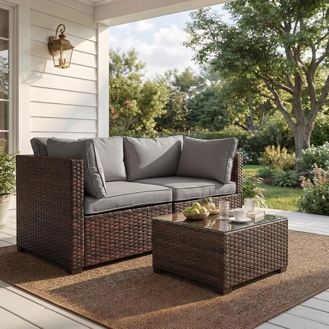 3 Pieces Patio Furniture Set with Glass Table, Outdoor PE Rattan Sectional Sofa with Soft Cushions for Backyard, Porch, and Poolside (Gray, 3 PCS w/Table)