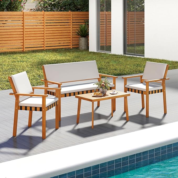 Tangkula 8 Pieces Wood Patio Furniture Set, Outdoor Acacia Wood Cuhioned Conversation Set with Coffee Table, for Backyard,Porch,Garden,Lawn
