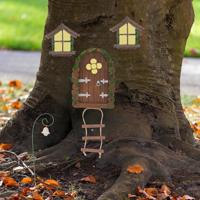 Fairy Door and Windows for Trees Outdoor, Glow in The Dark Fairy Doors Miniature Fairy Garden Accessories, Yard Art Sculpture Decoration Fairy Garden Decor with Lantern for Outside, Patio (Ladder)