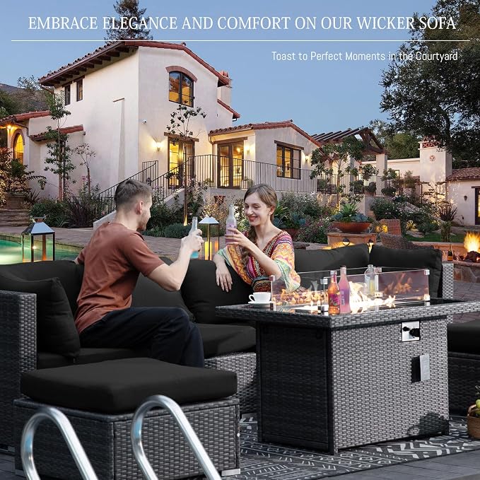 BULEXYARD 13 Piece High Back Outdoor Furniture Sets with Fire Pit, Luxury Patio Sectional Couch Sofa 12-Seater Modular, Comfortable Extra Large Wide Deep Backyard Seating Conversation Set, Grey&Black