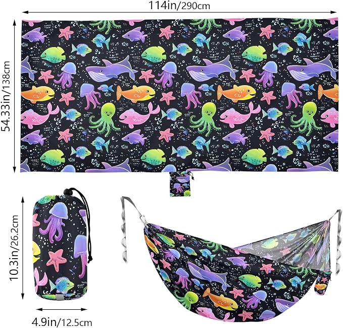 Camping Hammock Outdoor Hammocks for Outside Cute Marine Animal Beach Trees Portable Lightweight with Pockets Tree Straps Indoor