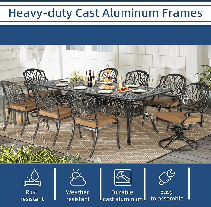 9-Piece Patio Cast Aluminum Dining Set, Outdoor Dining Furniture Set for 8 Person, Includes 94.5" Rectangular Dining Table, 6 Stationary, 2 Swivel Dining Chairs with Umbrella Hole, Tan