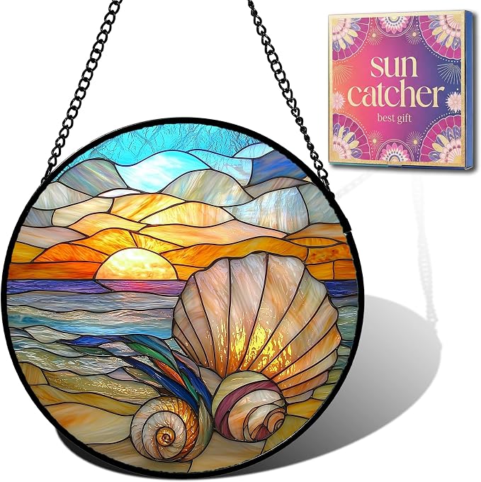 Birthday Gifts for Women - Beach Shell Faux Stained Glass Window Hanging Sun Catcher for Door Garden Acrylic Ocean Decor Mother's Day Christmas for Mom Men Nana Grandma Sisters 9.8"