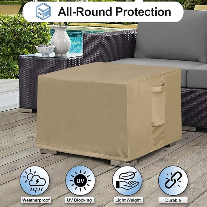 OutdoorLines Outdoor Waterproof Patio Ottoman Covers - Square UV-Proof Patio Side Table Cover Windproof Heavy-Duty Furniture Covering Protector 25L x 25W x 17H Inch, Camel