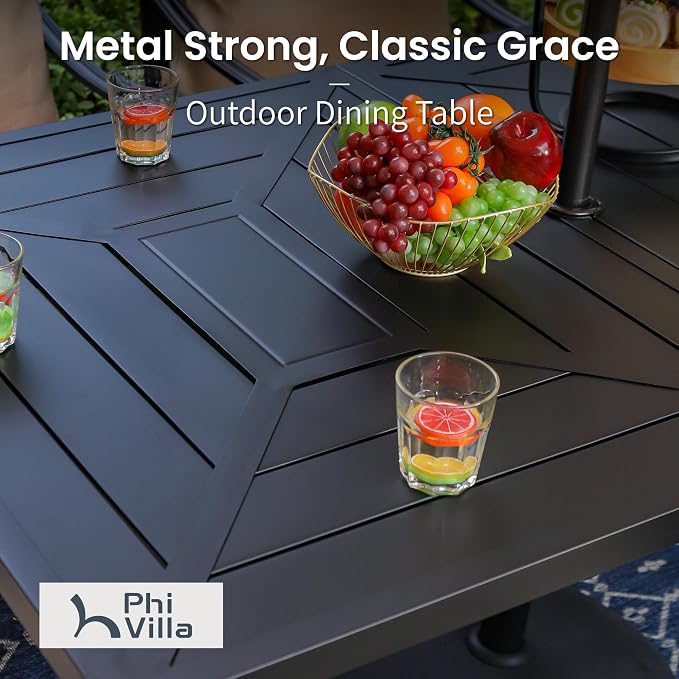 PHI VILLA 7 Piece Patio Dining Set, 64” Rectangular Table, Rattan Chairs | Outdoor Dining Set for 6, Metal Dining Table with Umbrella Hole, Rattan Wicker Chairs with Cushions for Patio, Deck, Porch